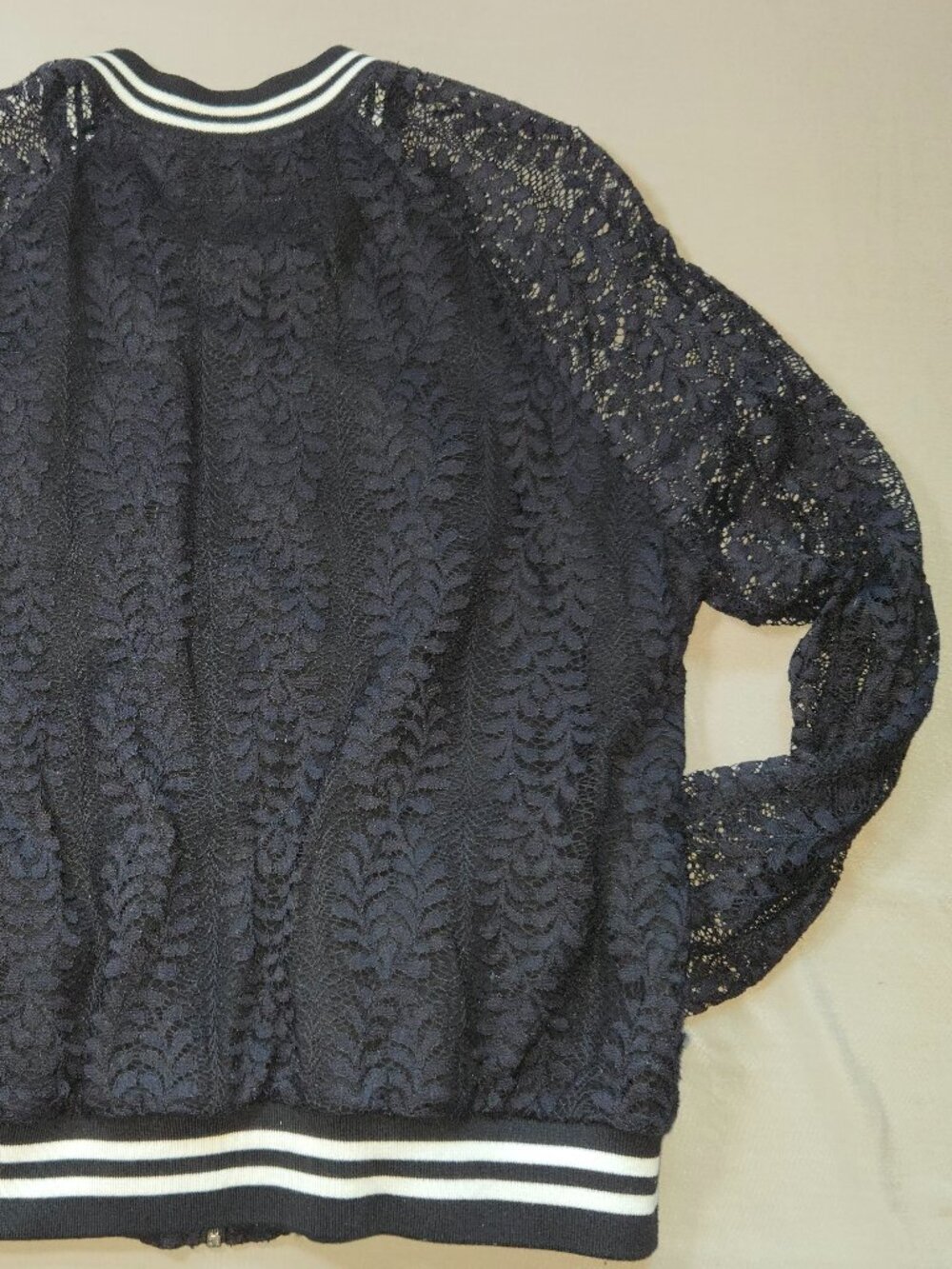 RACHEL ROY Lace Bomber Jacket. sz XL. Long Sleeve Zip Front Striped Trim Ruffle - Picture 12 of 16